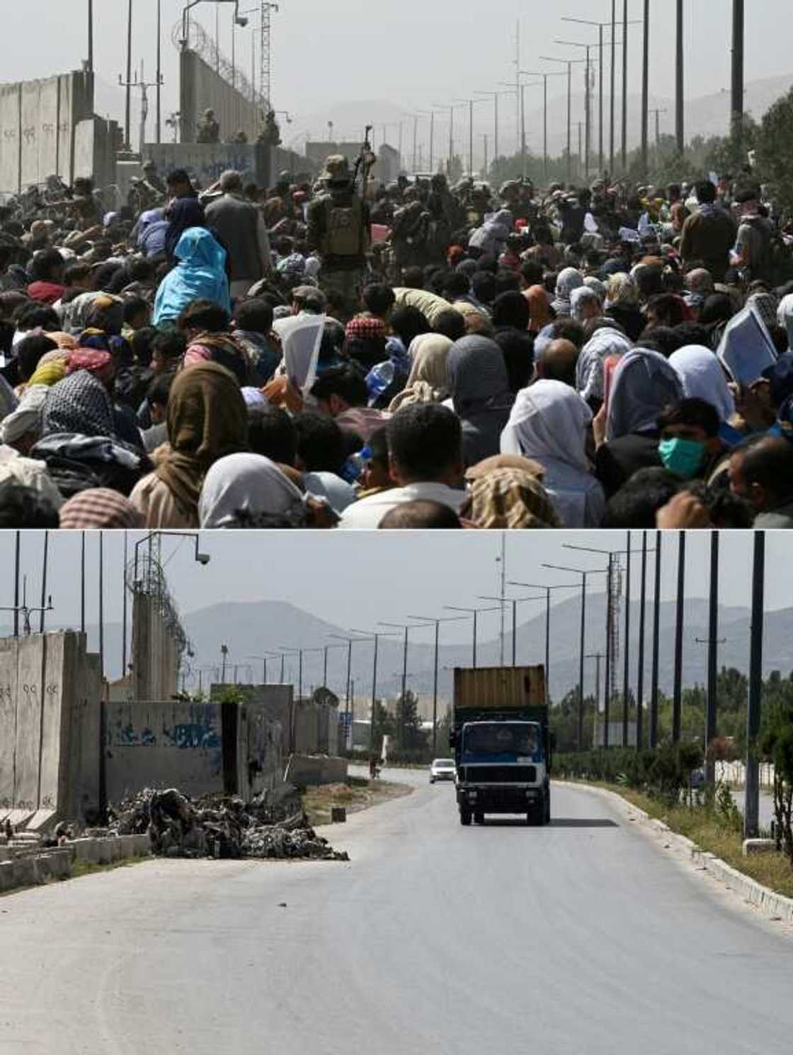 Combination of pictures shows (top) Afghans gathering at the airport in Kabul on August 20, 2021, and (bottom) the same area of the airport taken on August 3, 2022 Combination of pictures shows (top) Afghans gathering at the airport in Kabul on August 20, 2021, and (bottom) the same area of the airport taken on August 3, 2022