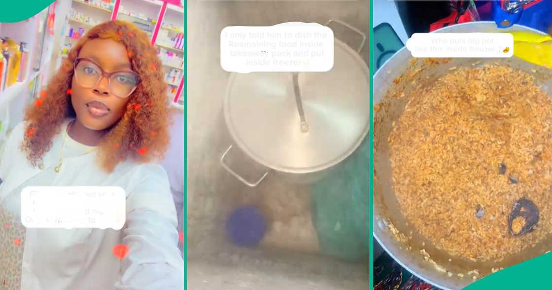 Nigerian woman shows outcome after her husband kept a pot of rice overnight in a freezer.