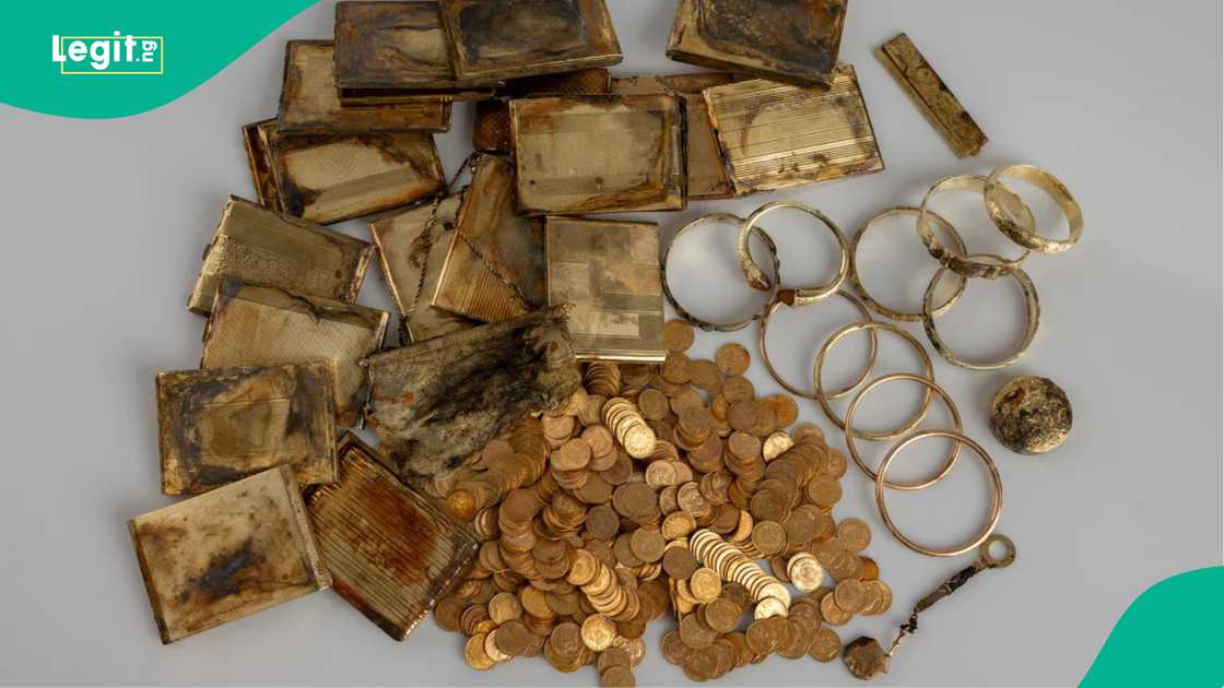 Hikers discover lots of gold coins. Hikers discover lots of gold coins.
