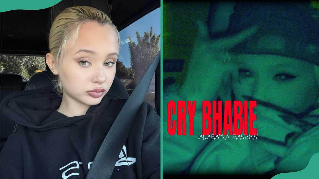 Alabama Barker inside a car (L). A cover picture of Alabama Barker's Cry Bhabie track (R). Alabama Barker inside a car (L). A cover picture of Alabama Barker's Cry Bhabie track (R).