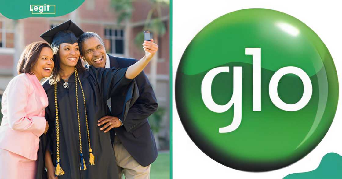 A family uses their phone to communicate during a graduation ceremony (L). The Glo world logo (R). A family uses their phone to communicate during a graduation ceremony (L). The Glo world logo (R).