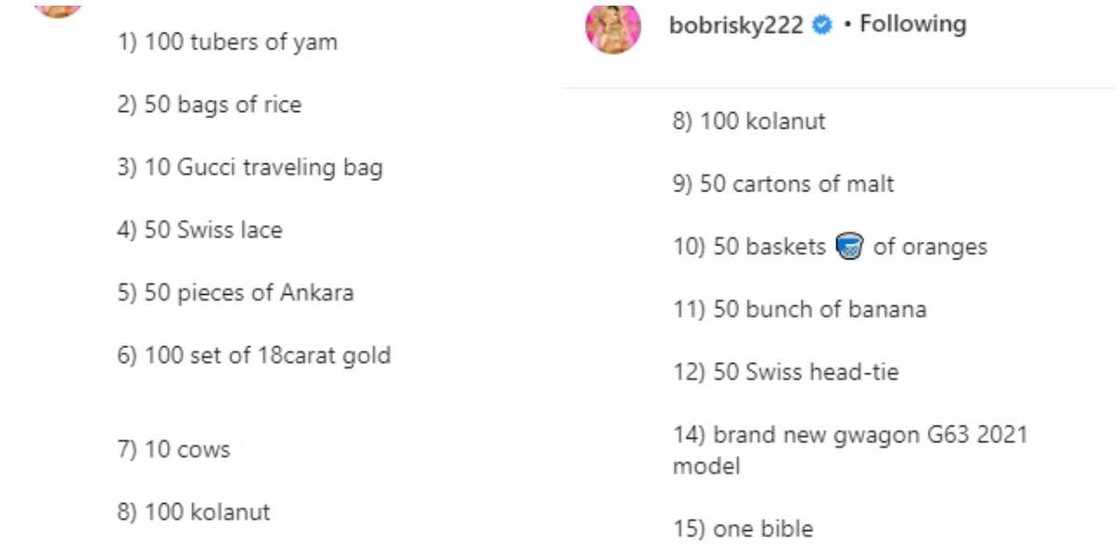 10 cows, 100 Set of 18 Karat Gold: Nigerian Crossdresser Bobrisky Shares His 'Bride Price List' 10 cows, 100 Set of 18 Karat Gold: Nigerian Crossdresser Bobrisky Shares His 'Bride Price List'