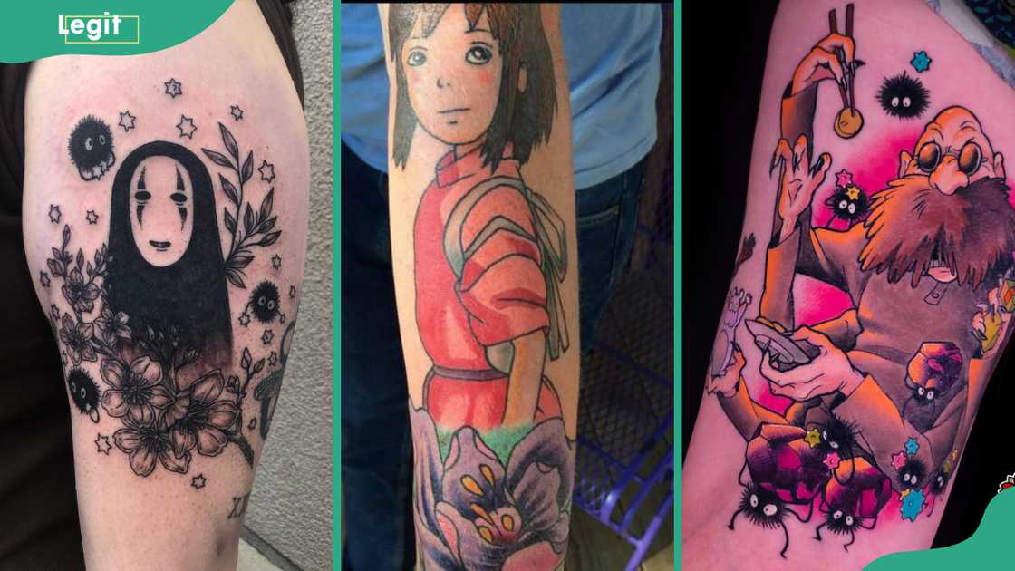 No-Face spirited away tattoo (L), Chihiro spirited away inking (C), and Kamaji, the boiler man tattoo (R)