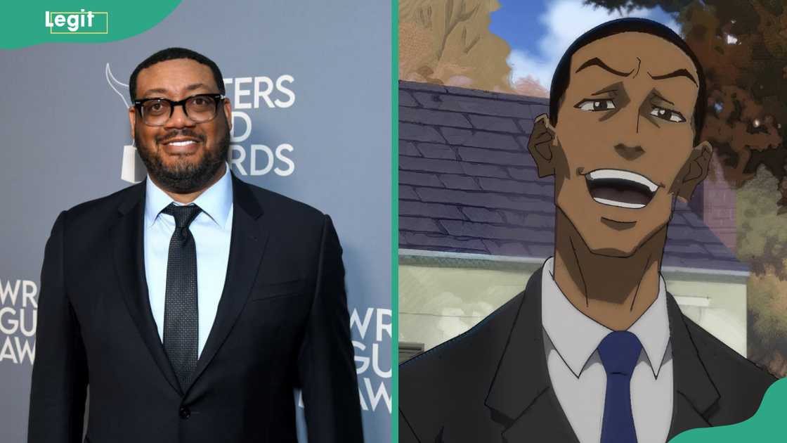 Cedric Yarbrough wearing a dark suit. Thomas "Tom" DuBois laughing with mouth open