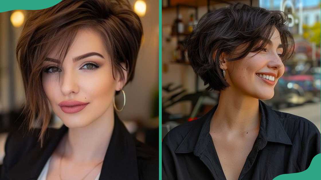 Two women display their pixie bob hairstyle Two women display their pixie bob hairstyle