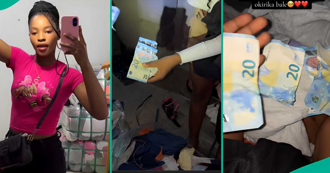 In a viral TikTok video, an okrika seller rejoices as she finds foreign currency in her bale of clothes. In a viral TikTok video, an okrika seller rejoices as she finds foreign currency in her bale of clothes.