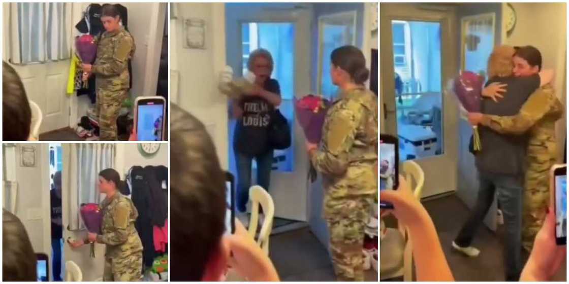 Grandma throws away her coffee to hug returning granddaughter who is a soldier in sweet video