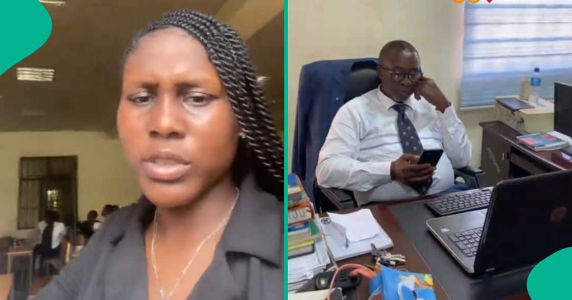 Mixed reactions as female student kisses lecturer on his forehead after collecting his phone in his office