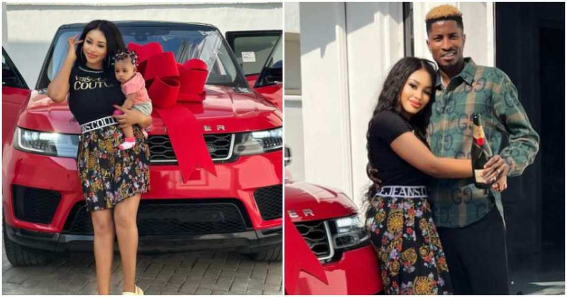 Actress Yetunde Barnabas with her new car and husband Actress Yetunde Barnabas with her new car and husband