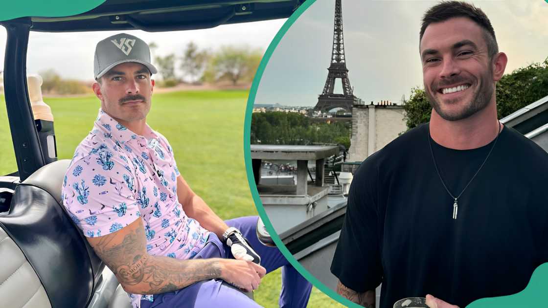 Vince Sant posing inside a golf cart (L). Vincent Sant posing in a black T-shirt (R)