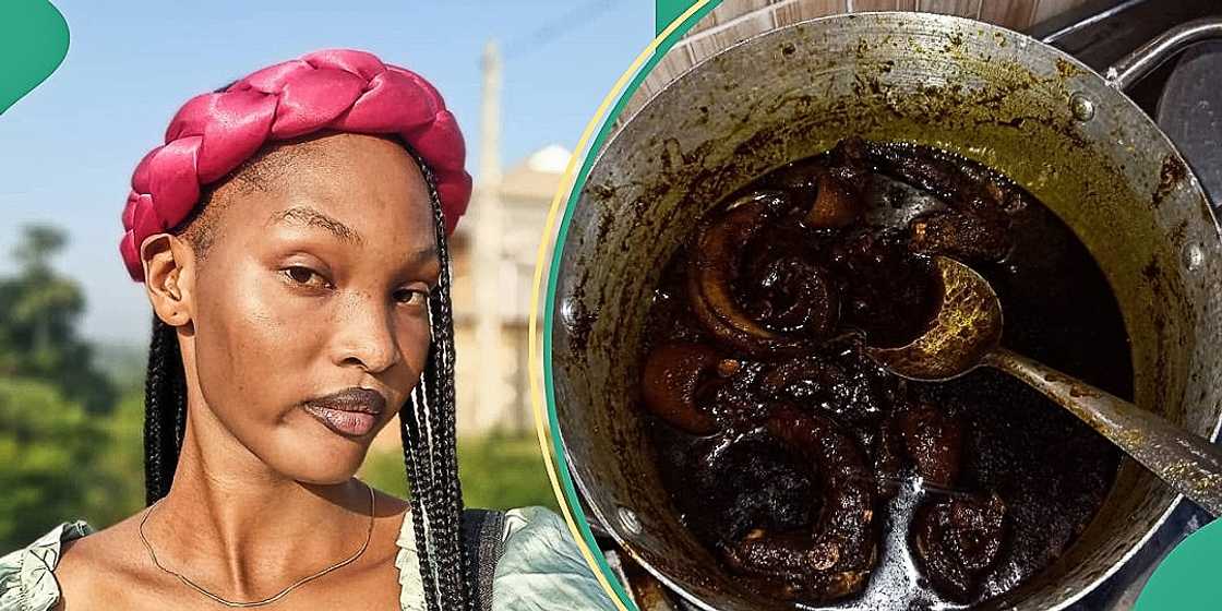 Lady displays ogbono soup she cooked