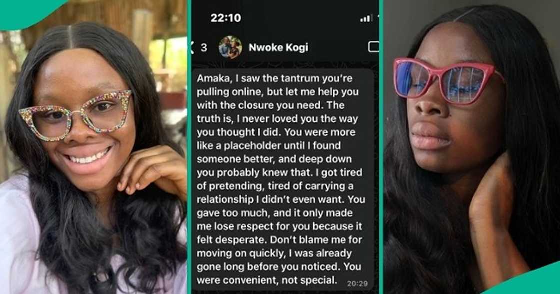 Lady displays message she received from her former boyfriend. Lady displays message she received from her former boyfriend.
