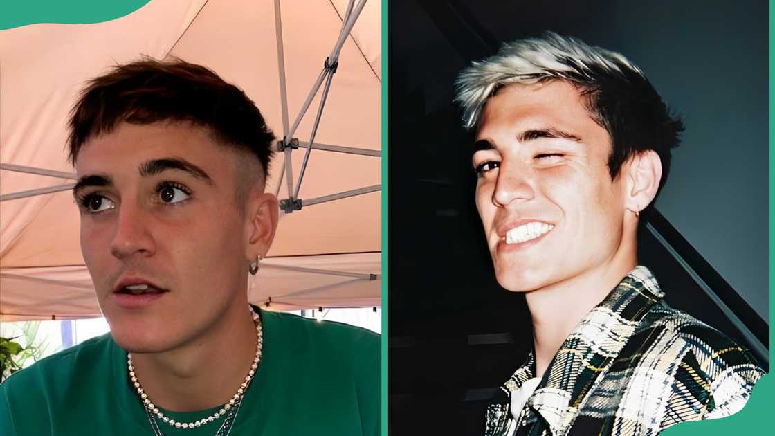 Sammy Wilk looks on in a green t-shirt (L) and winking in a checked shirt (R)