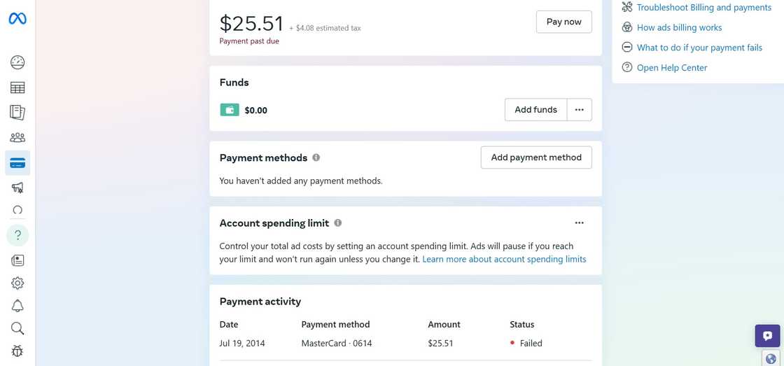 Facebook ads payment section screenshot Facebook ads payment section screenshot