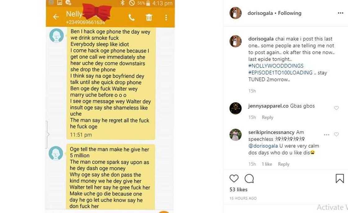 Actress Doris Ogala claims Oge Okoye was secretly sleeping with Uche Elendu’s ex-husband (screenshots)