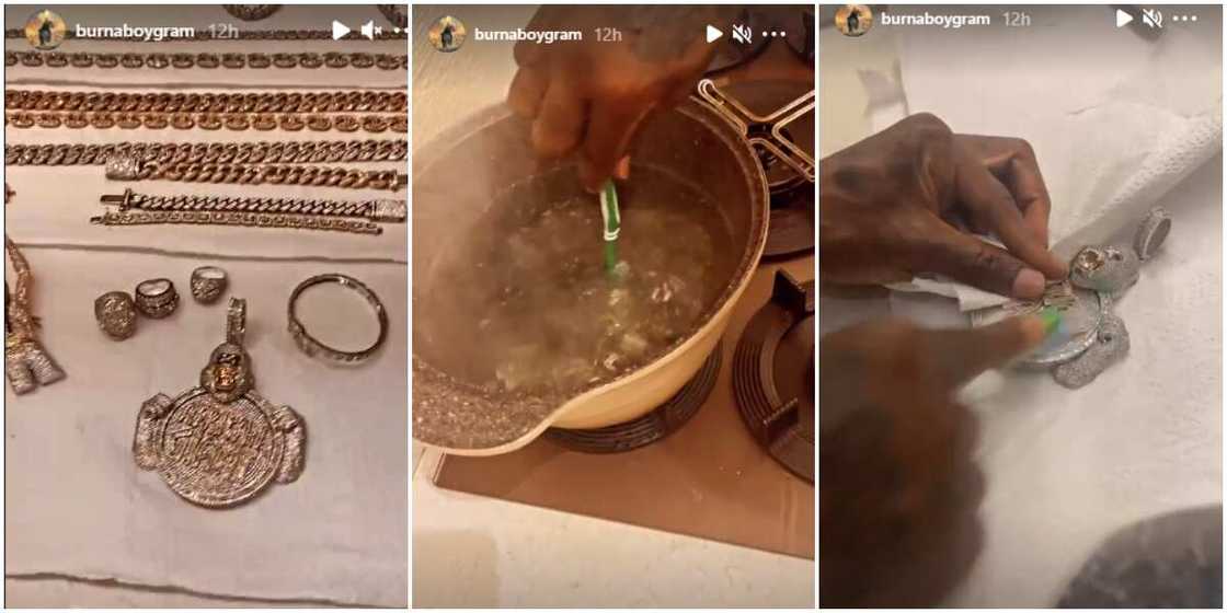 Burna Boy Flaunts Jewellery Collection on Social Media, Shares Video as He Washes Them Clean Burna Boy Flaunts Jewellery Collection on Social Media, Shares Video as He Washes Them Clean