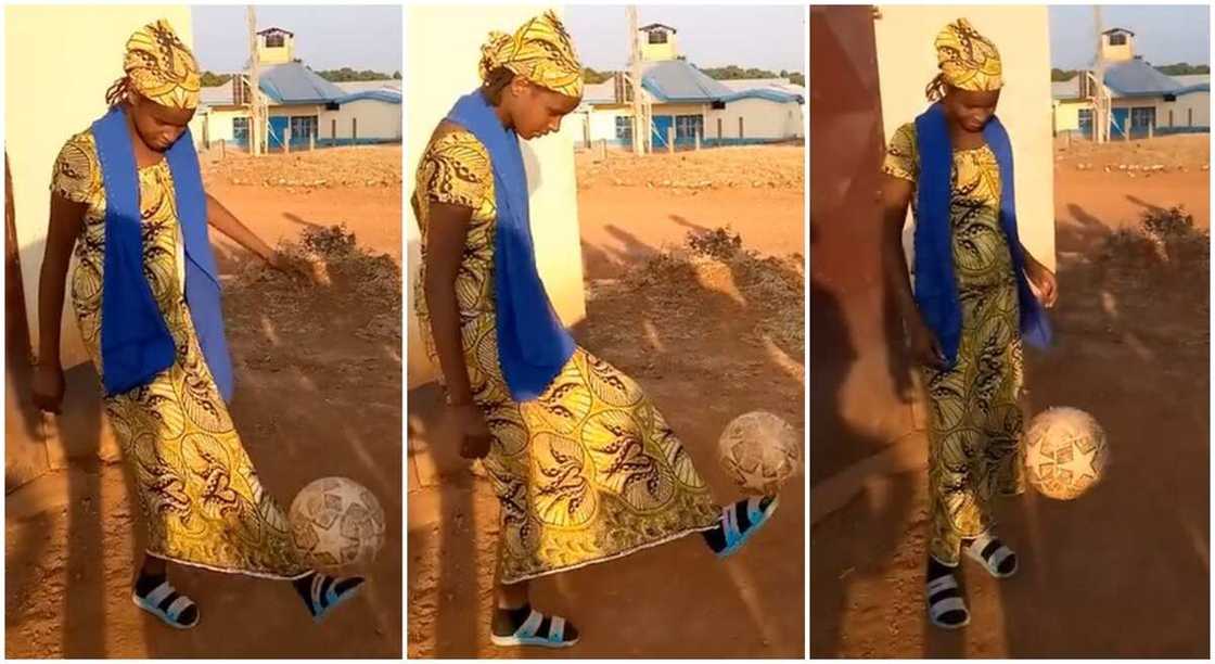 Photos of a lady in native wrapper playing football. Photos of a lady in native wrapper playing football.