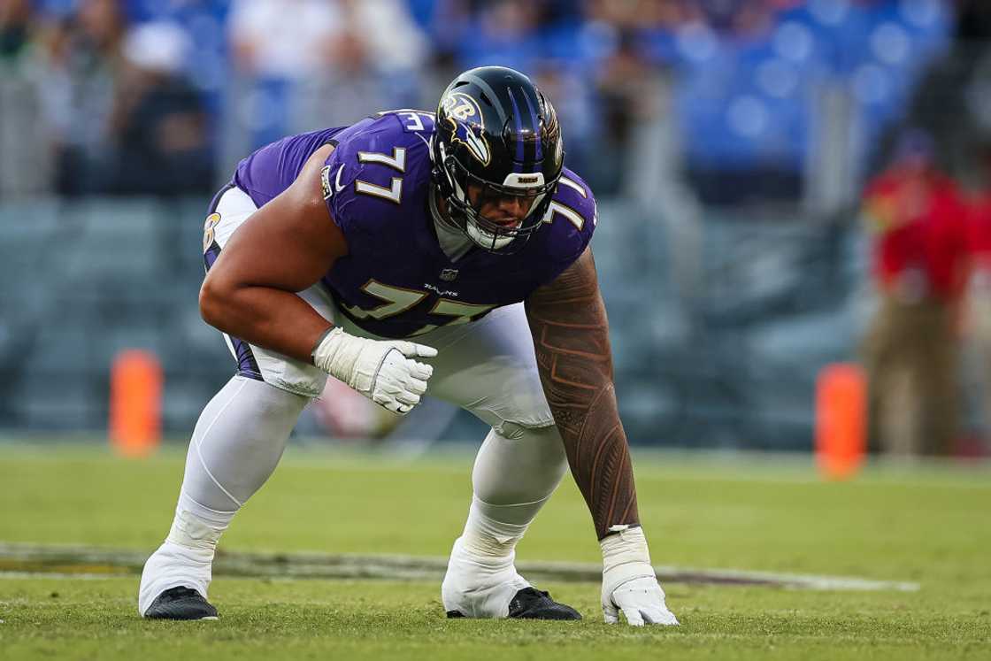 Daniel Faalele lines up against the Seattle Seahawks during the second half at M&T Bank Stadium