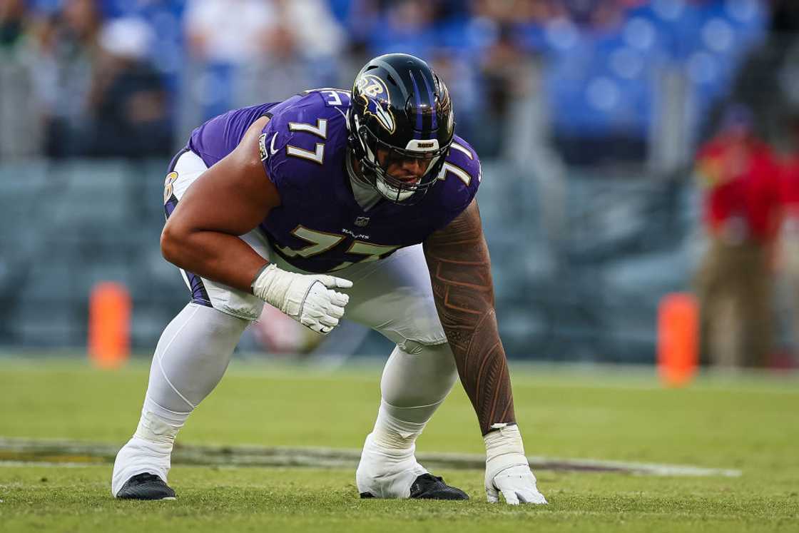 Daniel Faalele lines up against the Seattle Seahawks during the second half at M&T Bank Stadium Daniel Faalele lines up against the Seattle Seahawks during the second half at M&T Bank Stadium