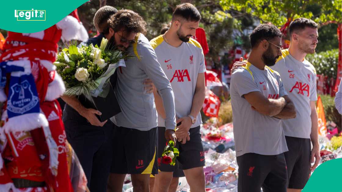 Alisson Becker, Mohamed Salah, Andrew Robertson, Liverpool, Anfield, England. Alisson Becker, Mohamed Salah, Andrew Robertson, Liverpool, Anfield, England.