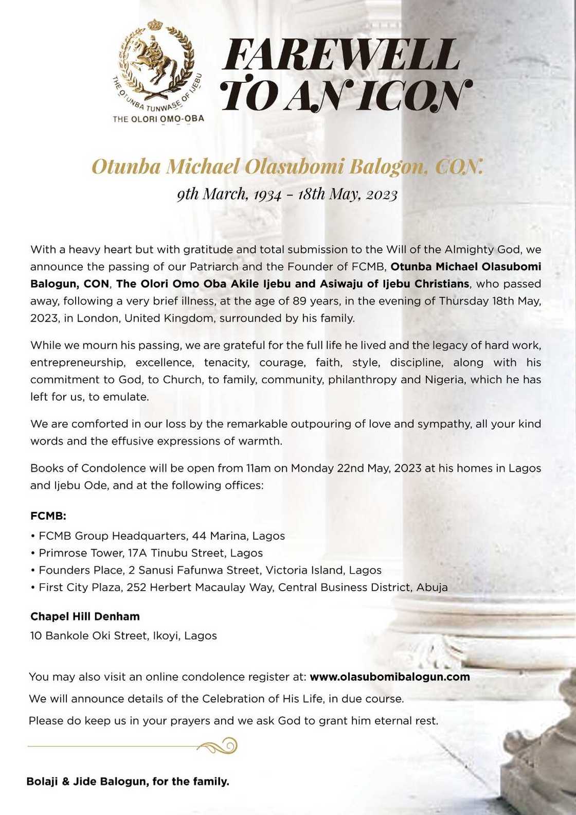 FCMB Announces Death of its Patriarch and Founder, Otunba Michael Olasubomi Balogun FCMB Announces Death of its Patriarch and Founder, Otunba Michael Olasubomi Balogun
