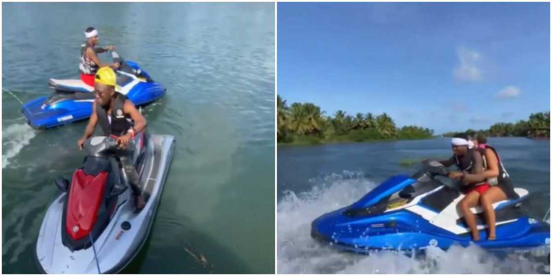 Sweet Reactions As Wizkid and His Baby Mama Jada P Go on Jet Skiing Adventure in Ghana