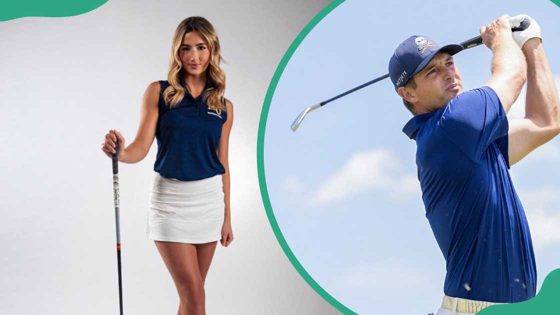 Lilia Schneider holding a golf club (L). Bryson DeChambeau playing golf in Washington, D.C. (R) Lilia Schneider holding a golf club (L). Bryson DeChambeau playing golf in Washington, D.C. (R)