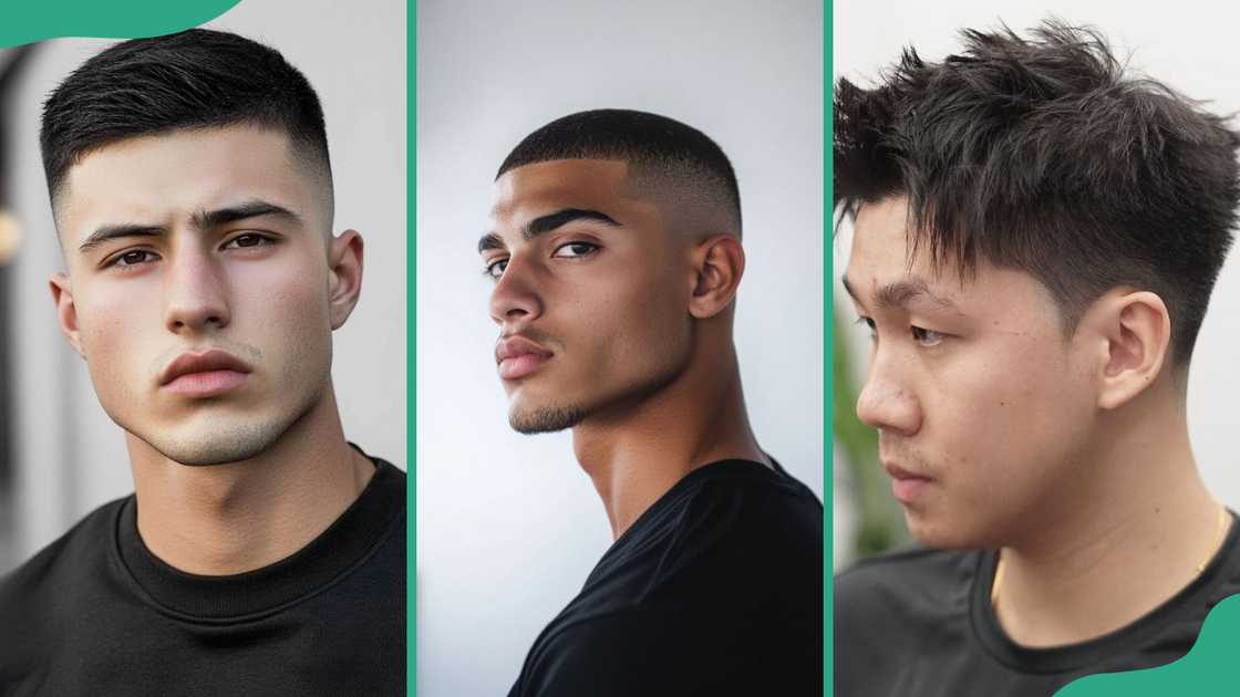 Crew cut (L), long buzz cut (C), and the Ivy League (R) haircuts Crew cut (L), long buzz cut (C), and the Ivy League (R) haircuts