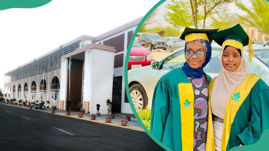 Sokoto State University building (L). Two university graduates posing for a pic wearing graduation gowns (R).