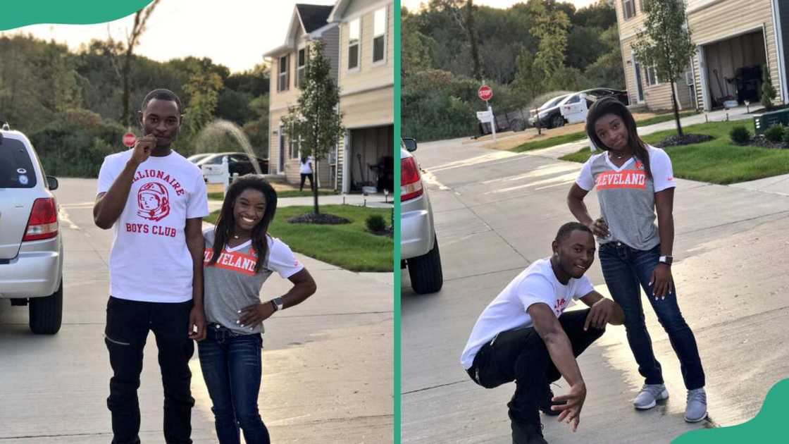 Simone Biles and her brother, Tevin, posing for photos.