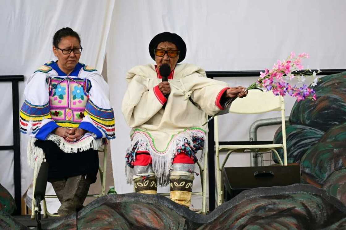 Indigenous residents speak as they await the arrival of Pope Francis in Iqaluit, Nunavut, Canada, on July 29, 2022 Indigenous residents speak as they await the arrival of Pope Francis in Iqaluit, Nunavut, Canada, on July 29, 2022