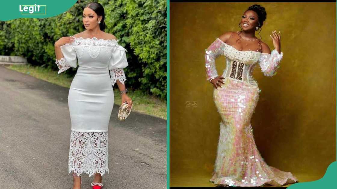 Ladies in white sequence gown styles Ladies in white sequence gown styles