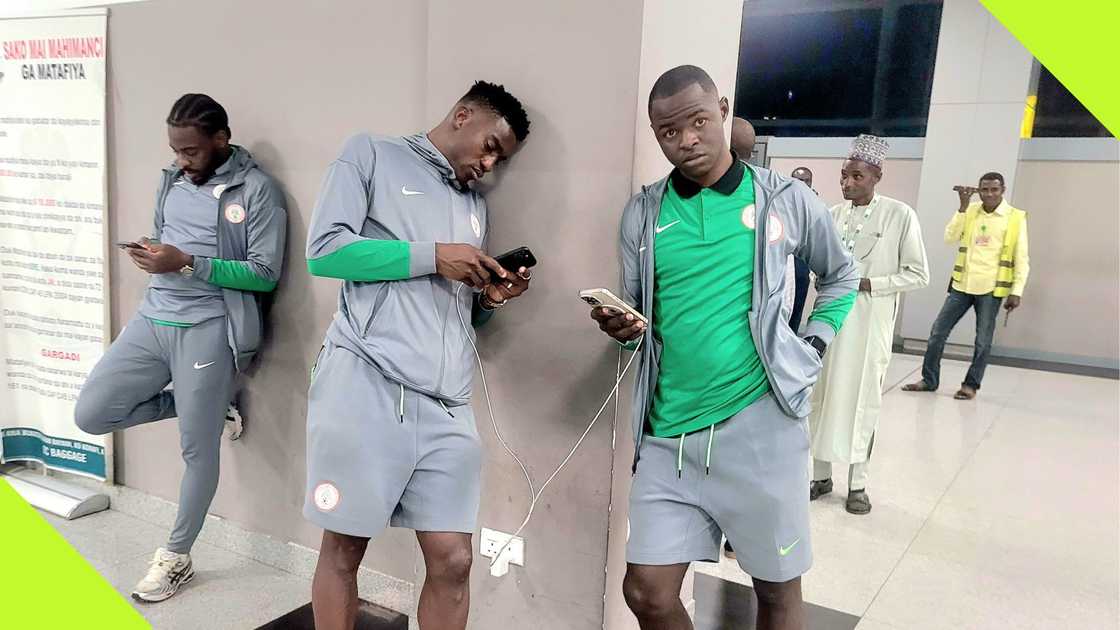 Super Eagles players on arrival in Nigeria.