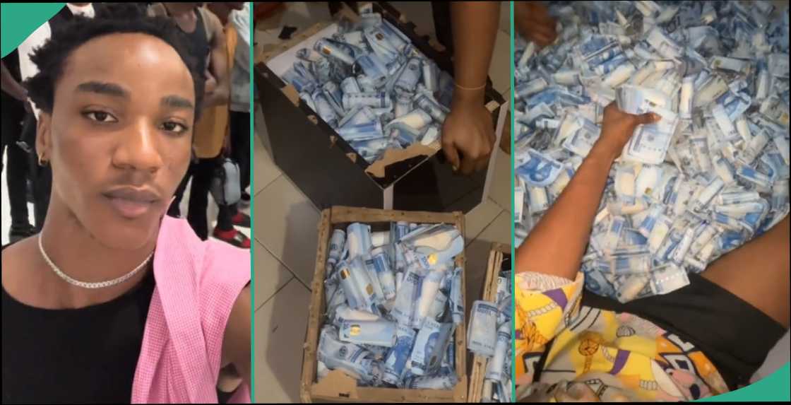 Man displays millions of new naira notes he realised after breaking his 3 piggy banks