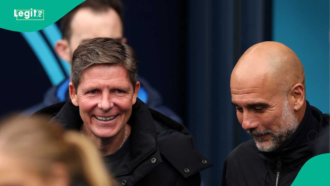 Oliver Glasner and Pep Guardiola at the Etihad Stadium on Wednesday. Photo: Stu Forster