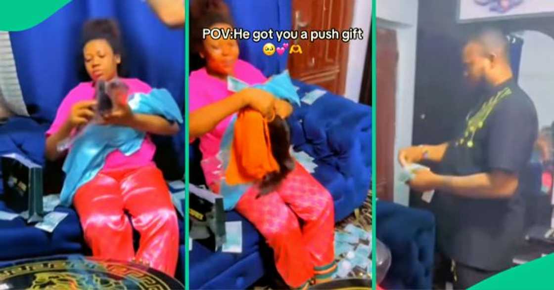Woman emotional as she shows off push gift from her husband. Woman emotional as she shows off push gift from her husband.