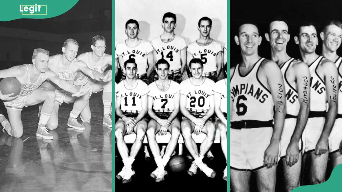 Minneapolis Lakers players working out in 1952 (L), Boston Celtics players posing in 1948 (C), Indianapolis Olympians players posing in 1953 (R)
