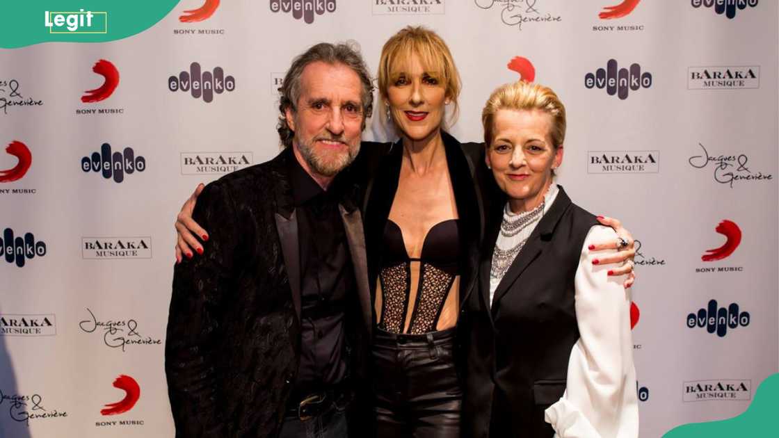 Jacques Dion (L), his wife, Geneviève Garceau (R)Céline Dion (C) posing for a photo Jacques Dion (L), his wife, Geneviève Garceau (R)Céline Dion (C) posing for a photo