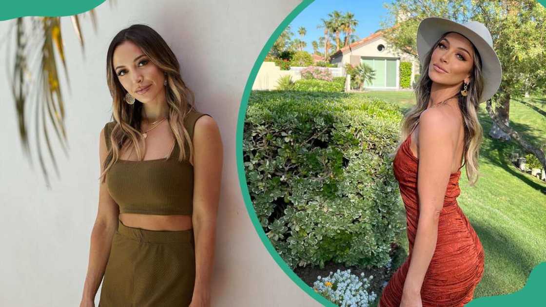 Farrah Umansky in SoFi Stadium in Los Angeles, California (L). Farrah Umansky in La Quinta, California (R). Farrah Umansky in SoFi Stadium in Los Angeles, California (L). Farrah Umansky in La Quinta, California (R).