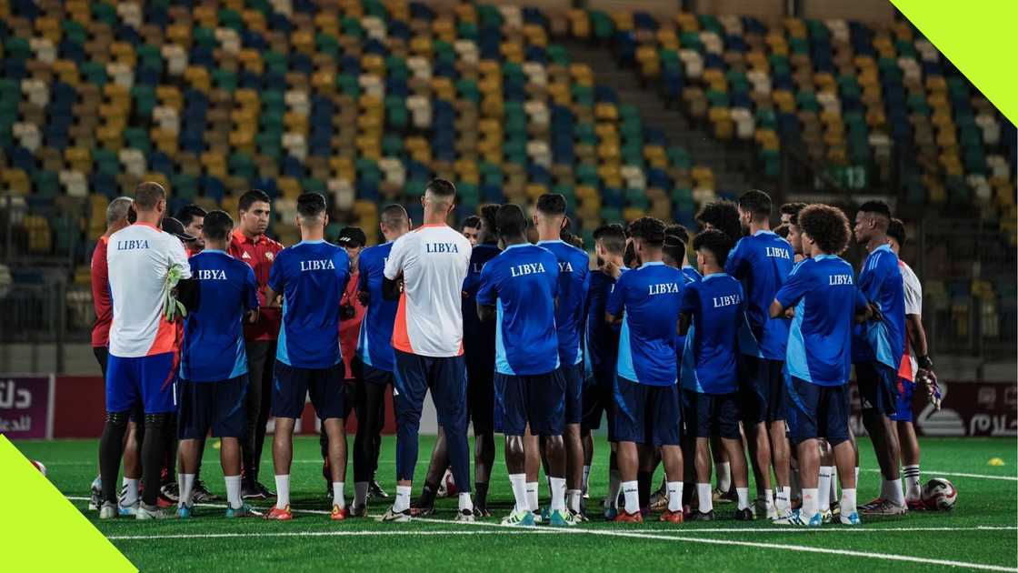 The Libyan National team players form a huddle ahead of the meeting with Nigeria