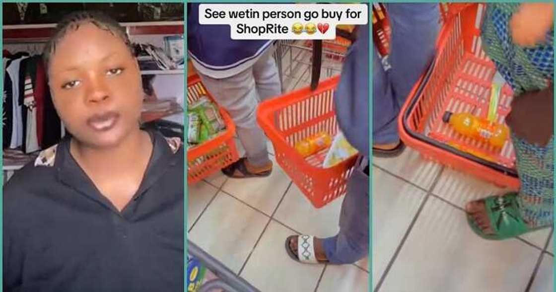Lady shares the contents of customers' baskets at a mall Lady shares the contents of customers' baskets at a mall