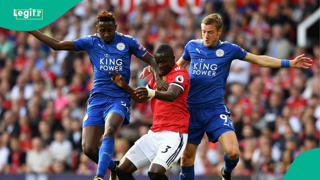 Wilfred Ndidi and Jamie Vardy battle for possession with Eric Bailly during the EPL match between Manchester United and Leicester City at Old Trafford in 2017. Photo by Michael Regan