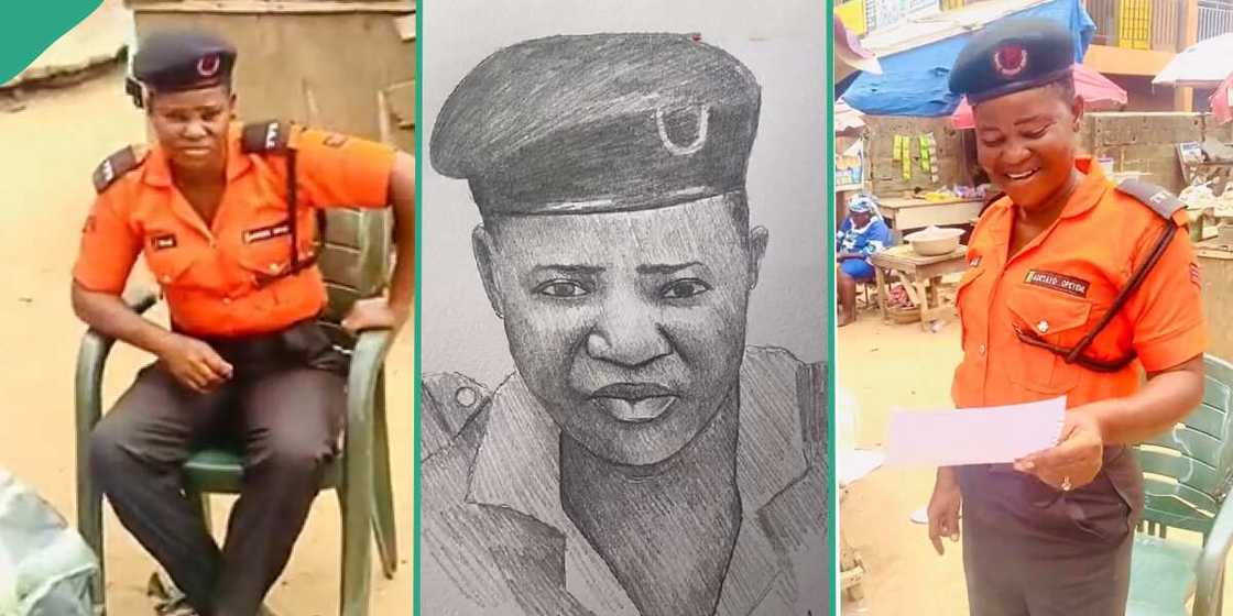 Policewoman reacts in joy after receive free artwork.