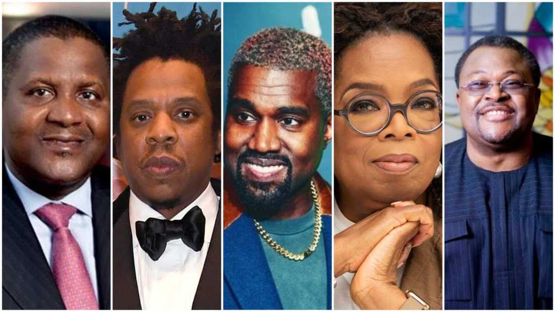 A collage of Dangote, Jay Z, Kanye, Oprah, Adenuga. Photo sources: PageSix/Nairametrics/HollywoodReporter A collage of Dangote, Jay Z, Kanye, Oprah, Adenuga. Photo sources: PageSix/Nairametrics/HollywoodReporter