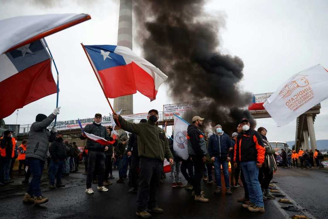 Miners block access to the Ventanas copper smelter in Chile during the start of an "undefined" national strike of workers of the state mining company Codelco -- the world's largest copper producer