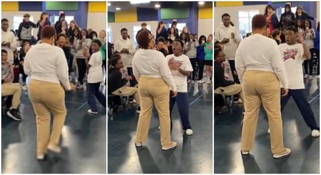 Photos of a teacher dancing with her students in a hall.