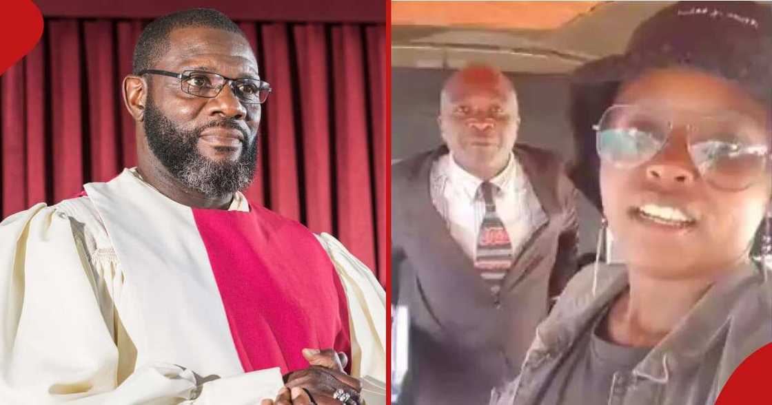 A mature black man wearing church choir robes, standing in front of a red curtain with a serious expression, and a woman calling out the preacher.