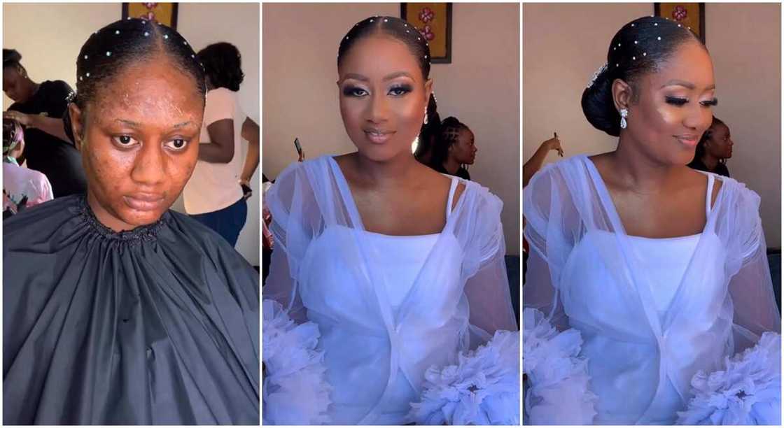 Photos of a bride before and after makeup transformation. Photos of a bride before and after makeup transformation.