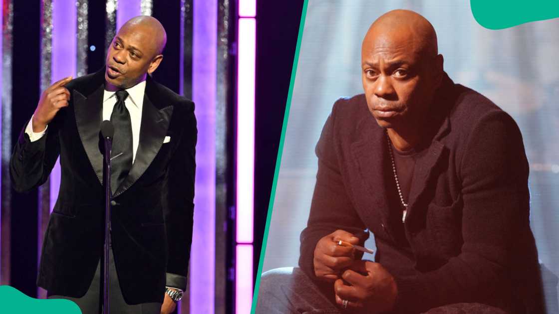 Dave Chappelle speaks at an award ceremony (L). The comedian poses for a photo before a performance (R)