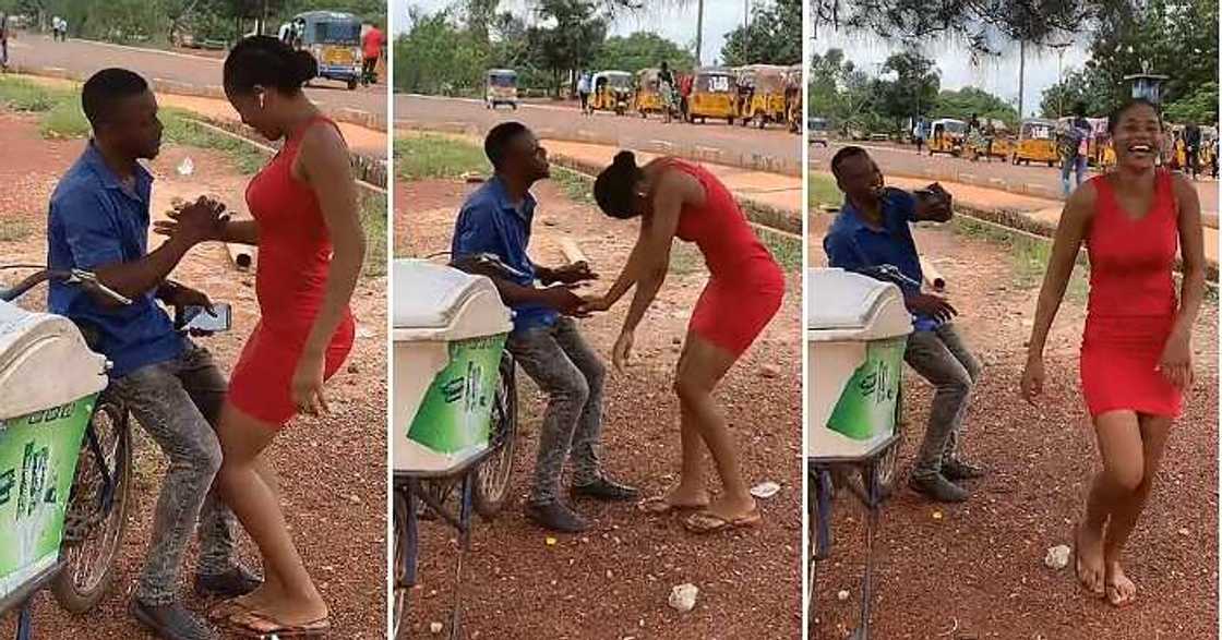 Lady dances, whines waist, ice cream seller Lady dances, whines waist, ice cream seller